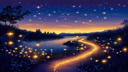 Glowing Trail Amidst Nature's Night Lights