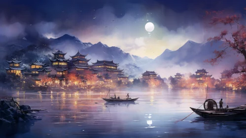 Serene Asian Lakeside Village at Night