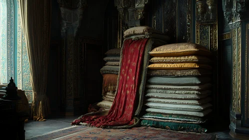 Antique Cushions and Red Brocade Fabric in Opulent Room