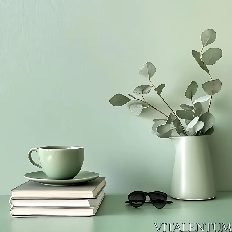 Teacup, Books, and Eucalyptus Still Life AI Image