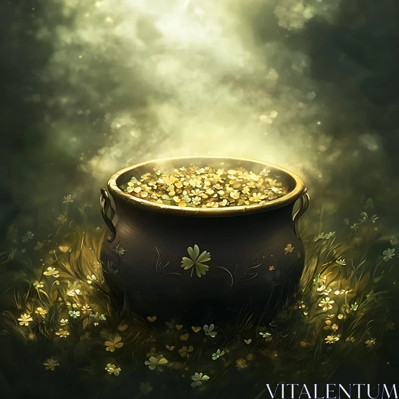 Golden Fortune Amidst Shamrock Field AI Image