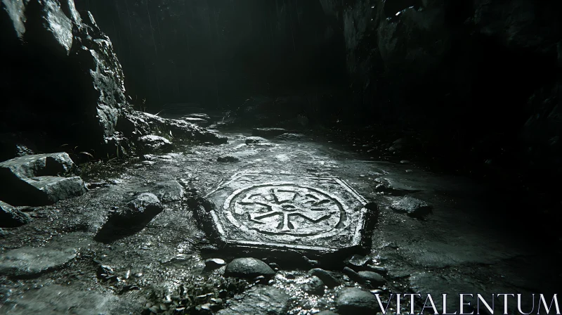 Stone Symbol in Dark Cave AI Image