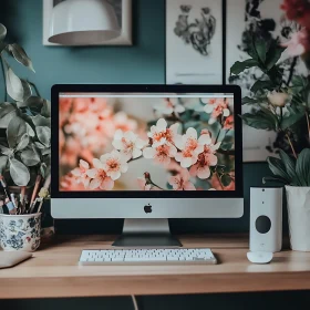 Aesthetic Workspace with Floral Screen