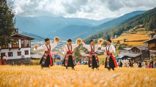 Dancers in Traditional Costumes against Mountain Backdrop