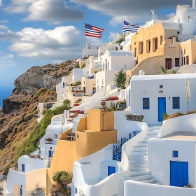 White Buildings of Santorini with Flags