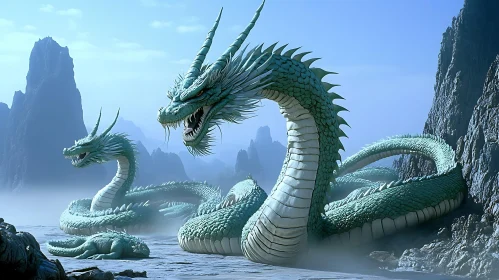 Serpentine Dragons in Mountainous Landscape