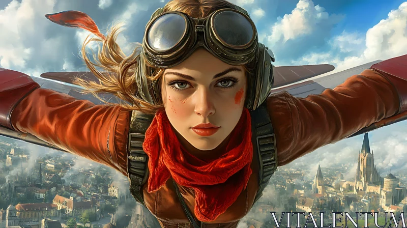 AI ART Female Aviator Over Urban Landscape