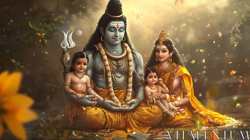 Serene Deity with Family Amongst Falling Leaves AI Image