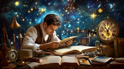 Scholar Contemplates Universe in Ancient Library