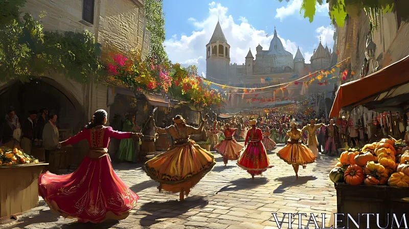 Colorful Dancers in a Bustling Town Square AI Image