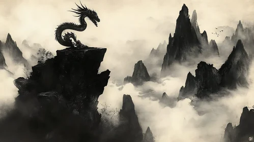 Dragon Perched on Mountain in Fog