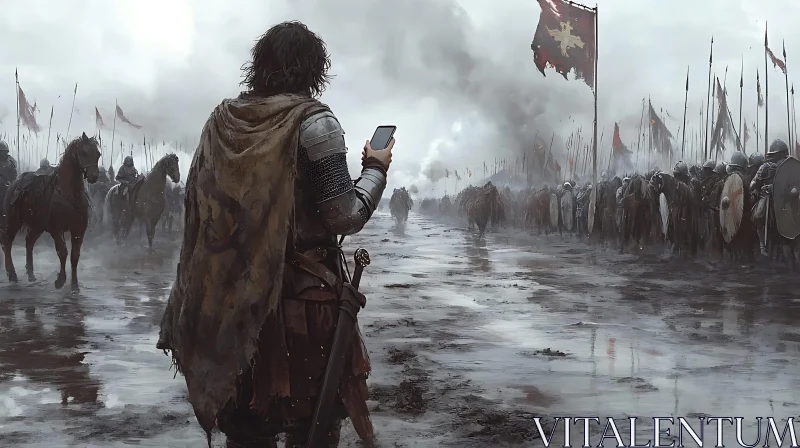 AI ART Anachronistic Warrior with Smartphone on Battlefield