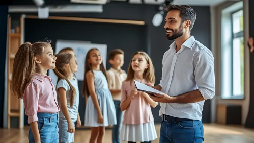 Teacher Guiding Students in Classroom Setting