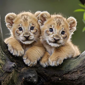 Two Lion Cubs on a Branch