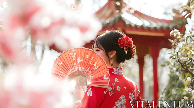 Asian Beauty with Red Fan AI Image