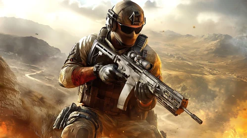 Armed Soldier in Desert Landscape