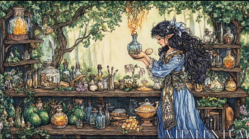 AI ART Sorceress Brews Magic in Woodland Workshop