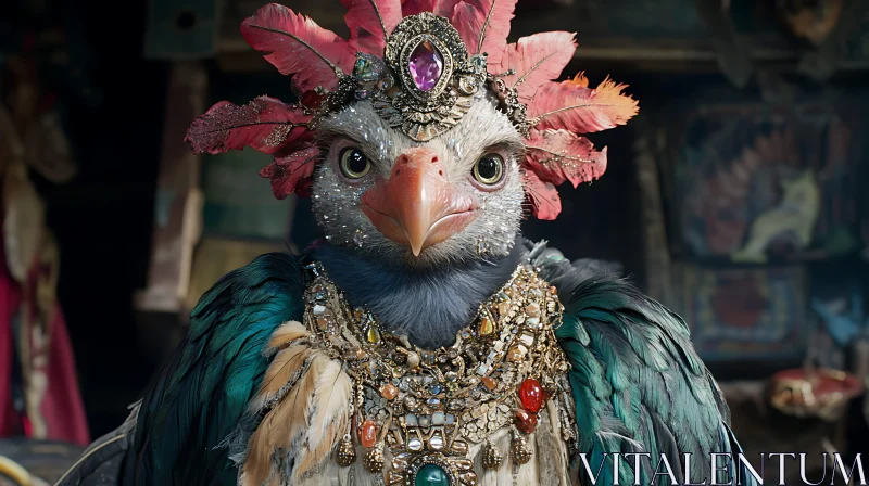 Ornate Bird with Jeweled Collar and Feathered Crown AI Image