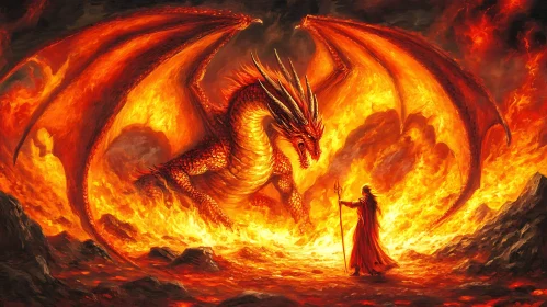 Dragon and Wizard in a Sea of Fire