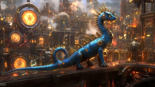 Clockwork Dragon in Steampunk Cityscape