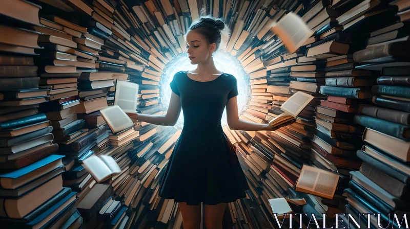 Woman Surrounded by Books AI Image