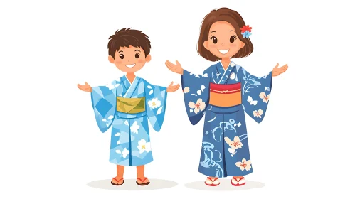 Kids Wearing Kimonos Cartoon Style