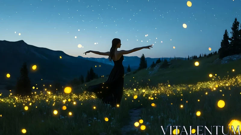 AI ART Woman in Dress with Fireflies