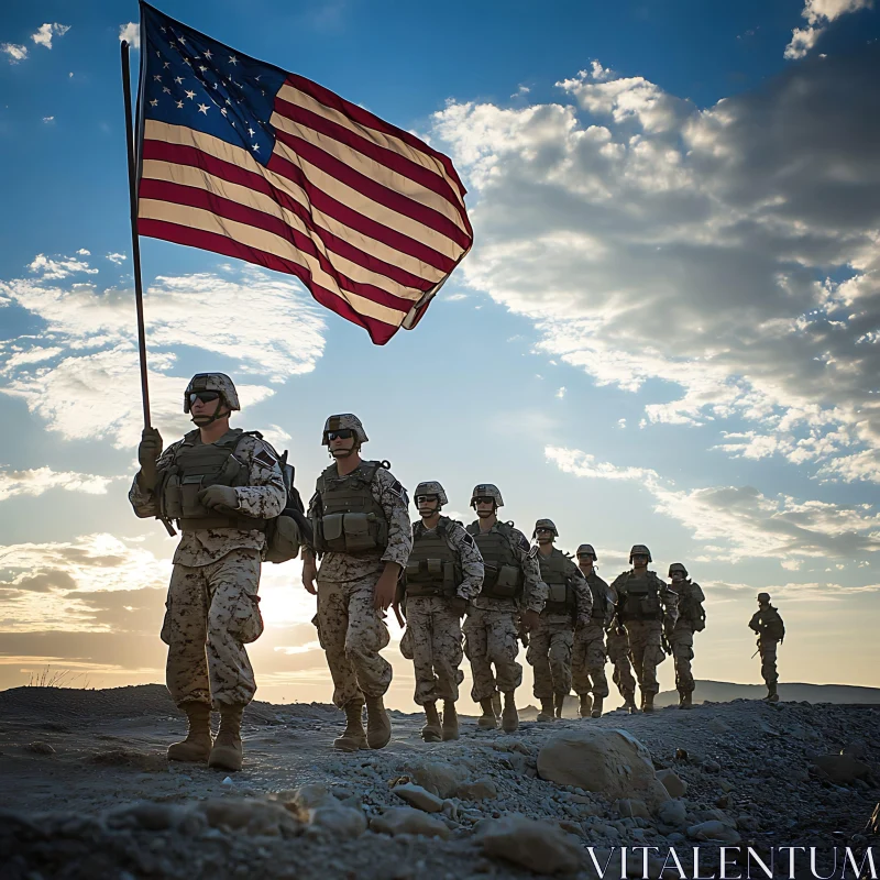 Soldiers Carrying Flag into the Sunset AI Image