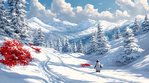 Winter Wonderland with Penguin and Red Flora