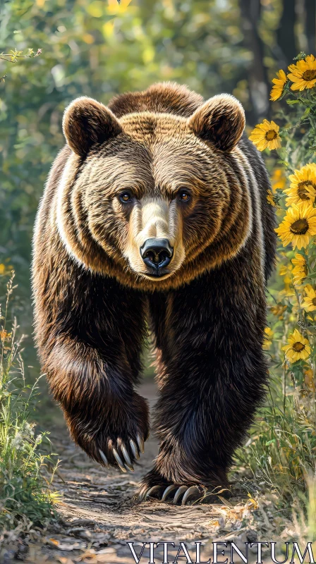 Bear Walking Through Sunflower Forest AI Image