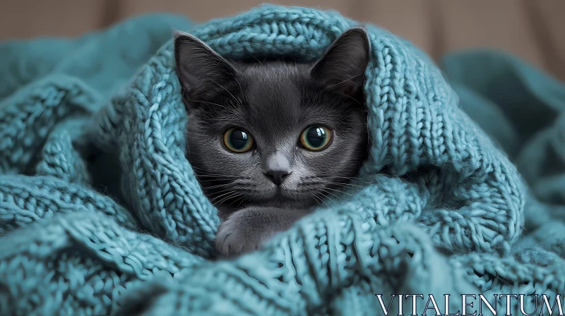 Kitten Wrapped in Cozy Blanket AI Image