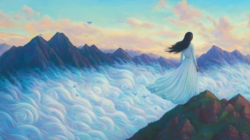 Dreamy Mountain Vista with Woman in White