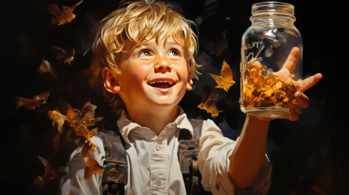 Captivating Realistic Portrait of a Boy with a Jar of Butterflies