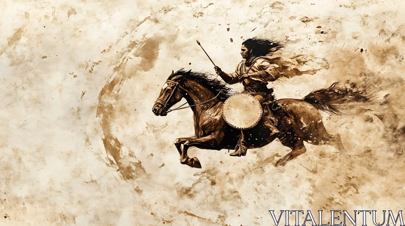 Sepia-Toned Equestrian Warrior Illustration AI Image