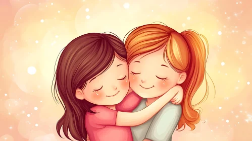 Cartoon Girls Affectionate Hug Illustration