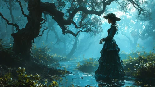 Enigmatic Woman in Dark Forest