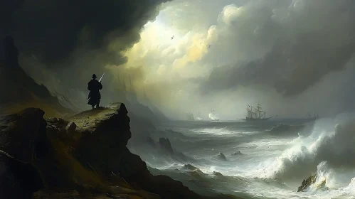 Man on Cliff Overlooking Stormy Sea