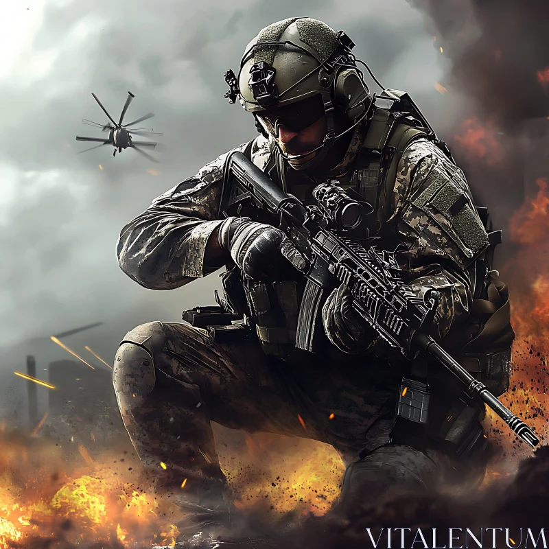 AI ART Military Soldier with Rifle in War Zone