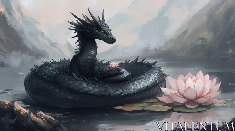 Dragon and Lotus in Misty Waters AI Image