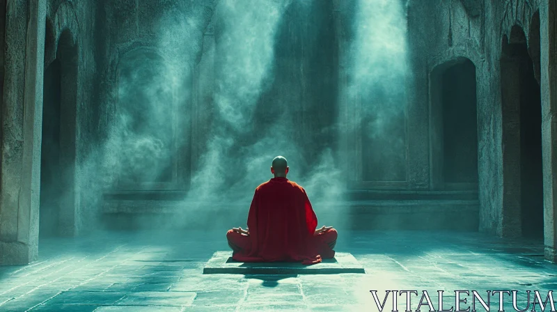 Monk Meditating in Stone Chamber AI Image