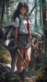 Schoolgirl Warrior with Loyal Wolf Companion