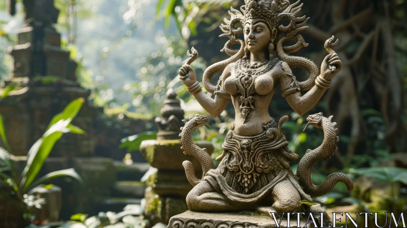 Graceful Hindu Goddess Statue on Lotus Flower in Lush Green Jungle AI Image