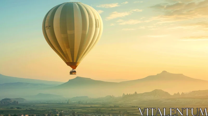 Romantic Hot Air Balloon Flying Over Countryside and Mountains AI Image