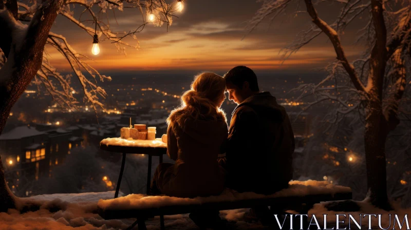 Romantic Snowy Night Scene with Couple AI Image
