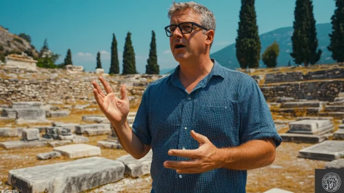 Man Explaining History in Archaeological Site