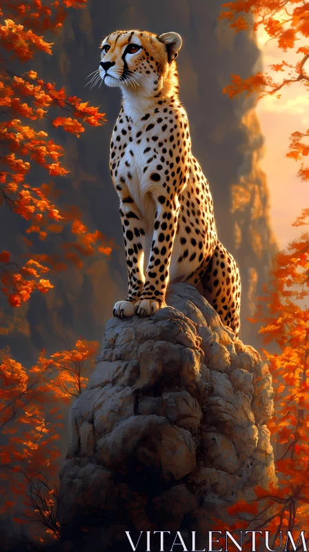 Cheetah on Rock in Autumn AI Image