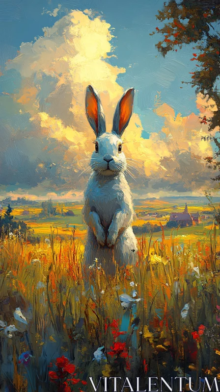 Rabbit in Meadow Painting AI Image