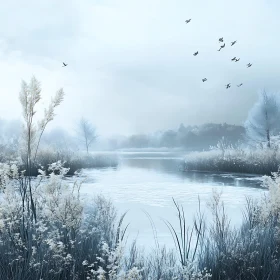 Frozen Lake and Birds in Winter