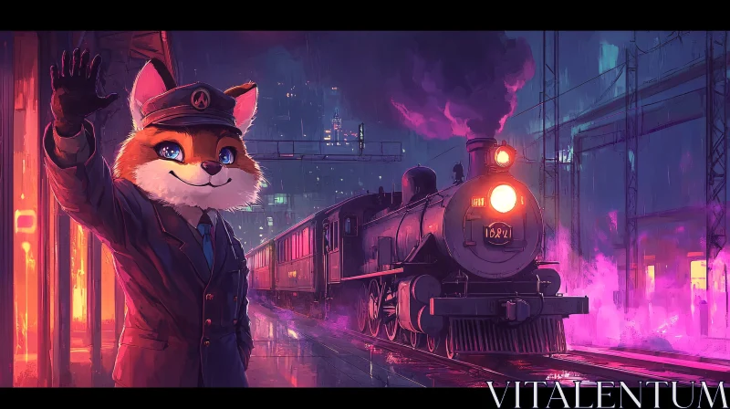 Fox Train Conductor in a Futuristic City AI Image