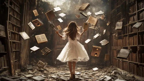 Magical Library Scene with Girl and Key